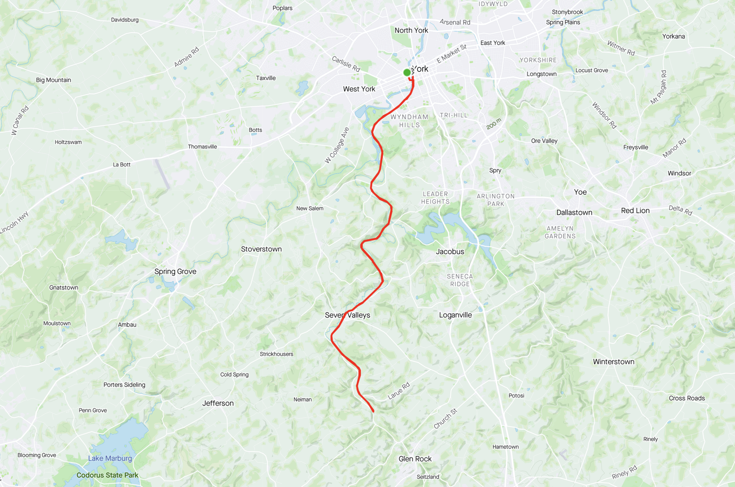 Map outlining York PA Marathon course